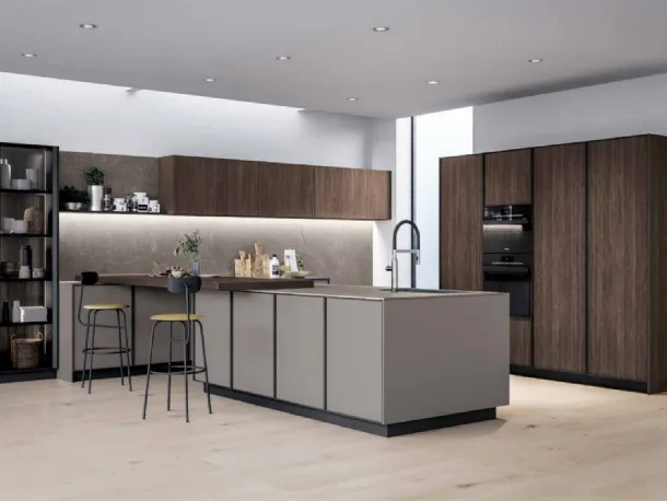 Cucina Design angolare Fly&Keaton 07 laccato opaco e rovere con top in Pietra Piasentina di Nova Cucina