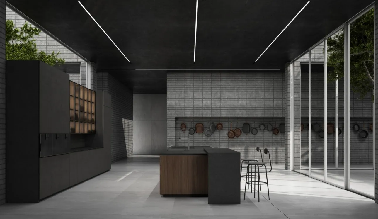 Cucina Design lineare Lab 40 04 in Noce Canaletto con top in Pietra di Savoia di Nova Cucina