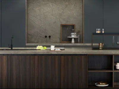 Cucina Design lineare Lab 40 06 in legno con top in pietra di Nova Cucina