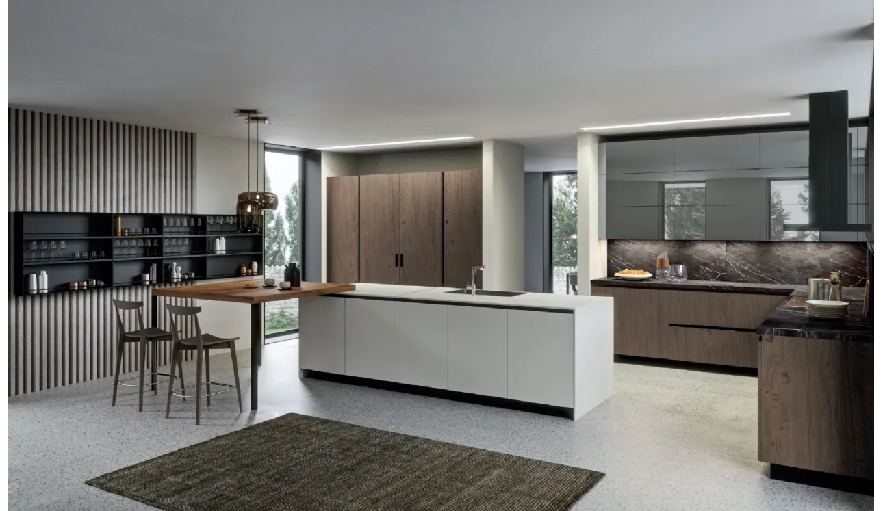 Cucina Design con isola Lab13 in Rovere nodato fumé e vetro bianco opaco di Aran