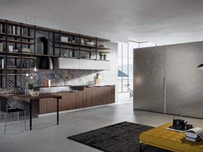 Cucina Design lineare Lab13 con basi in LPL Noce e top in grés laminam di Aran