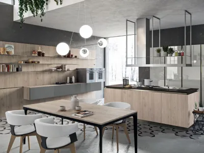 Cucina lineare Design Lab13 con basi in LPL Rovere cipria e anta Plana con profilo in alluminio di Aran