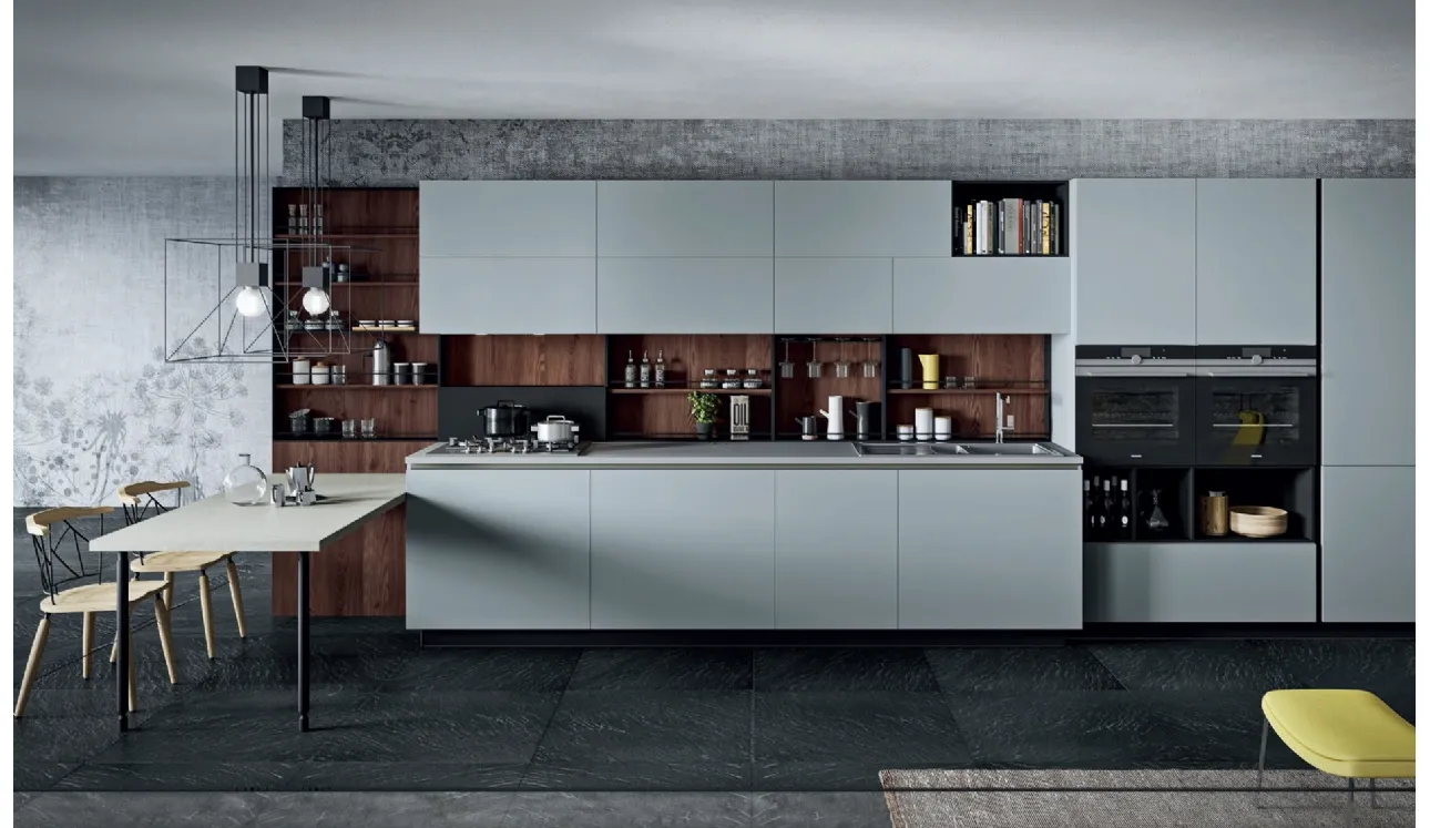 Cucina Design lineare Lab13 in laminato HPL Grigio con profilo in alluminio Nero di Aran