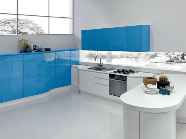Cucina Design angolare Masca in laccato Blu e Bianco lucido di Aran
