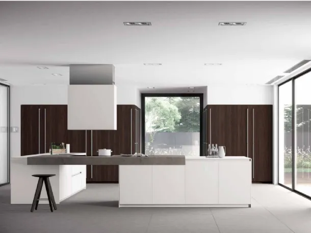 Cucina Design angolare MK1 02 in Vetro opaco bianco, Rovere termocotto e top in Gres Fokos Roccia di Nova Cucina