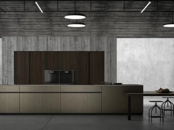 Cucina Design con isola MK1&Kyton Lab4/0 03 in laminato con top in marmo e penisola in rovere termocotto di Nova Cucina