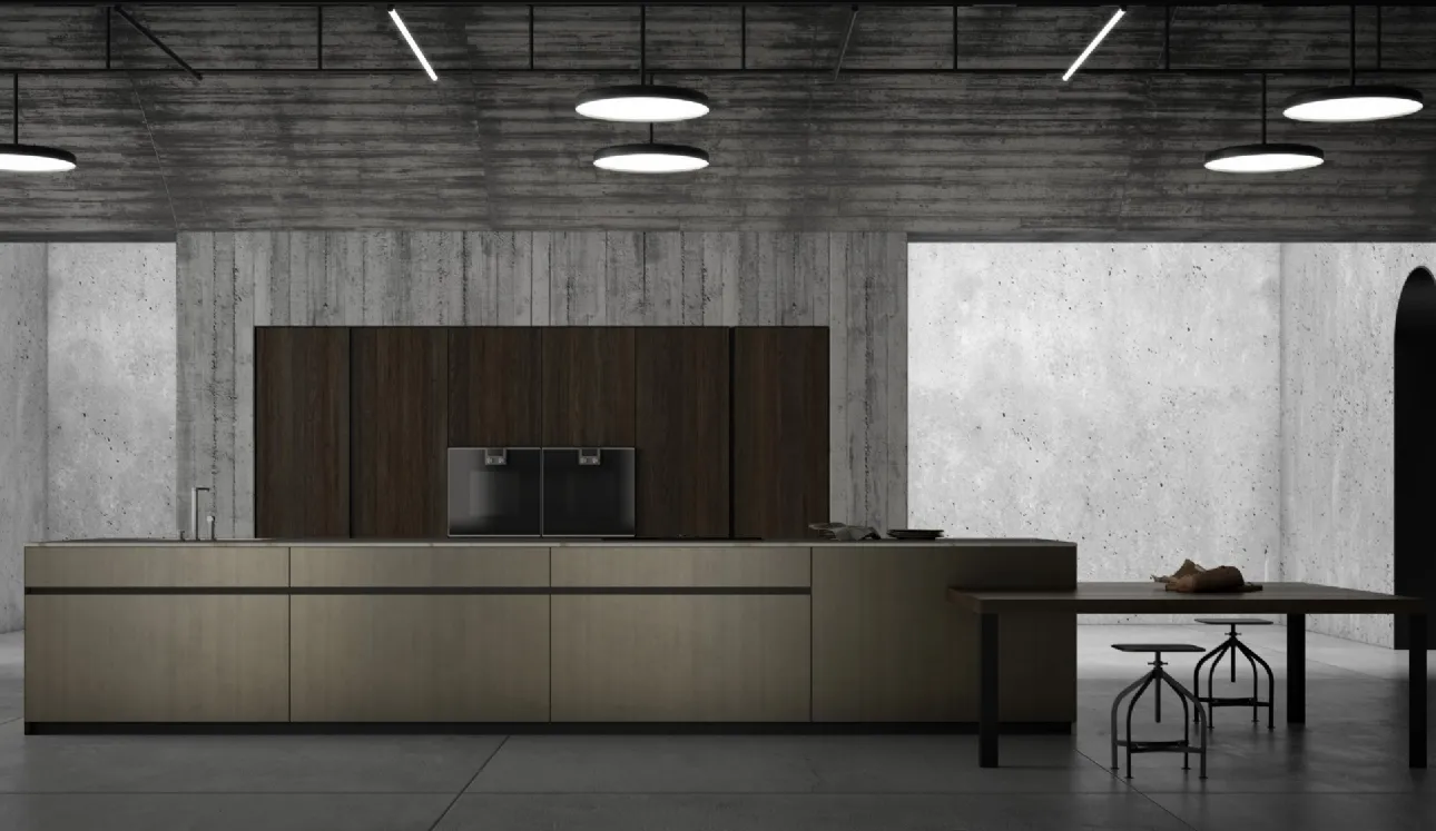 Cucina Design con isola MK1&Kyton Lab4/0 03 in laminato con top in marmo e penisola in rovere termocotto di Nova Cucina