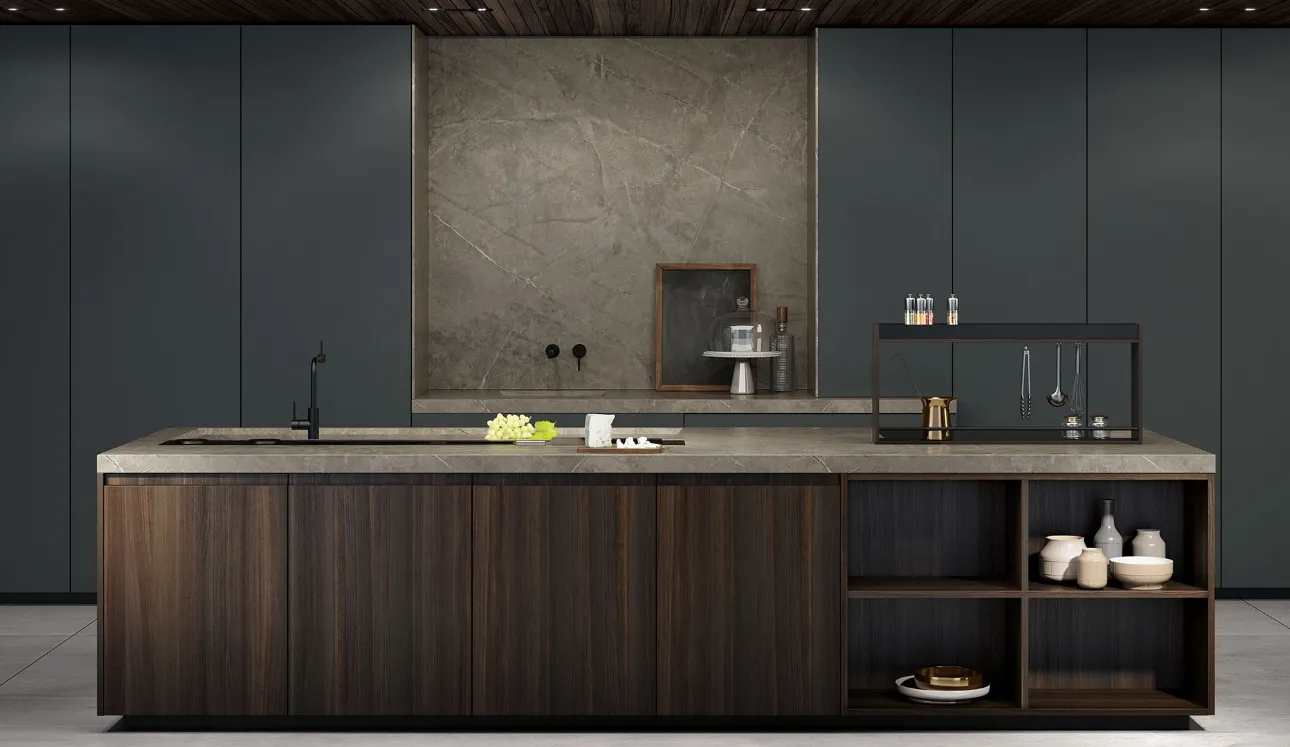 Cucina Design con isola MK1&Kyton Lab4/0 07  in legno con top in pietra di Nova Cucina