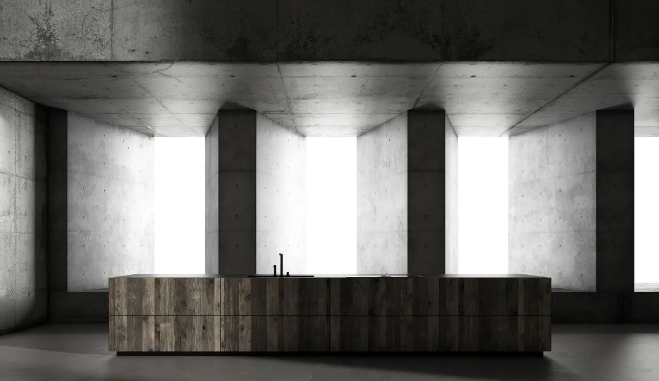 Cucina Design con isola Kyton Lab4|0 1 in rovere ossido e pietra gray di Nova Cucina
