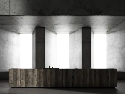 Cucina Design con isola Kyton Lab4|0 1 in rovere ossido e pietra gray di Nova Cucina