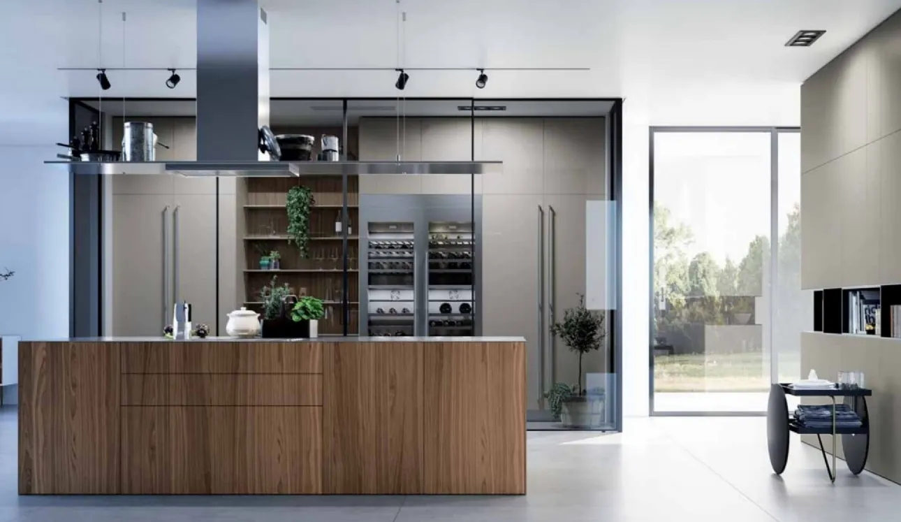 Cucina Design con isola MK1 01 in Noce Canaletto e Acciaio Inox di Nova Cucina