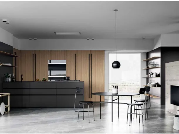 Cucina Design con penisola MK1 06 in Alluminio Ferro naturale, Rovere e top in Dekton nero di Nova Cucina