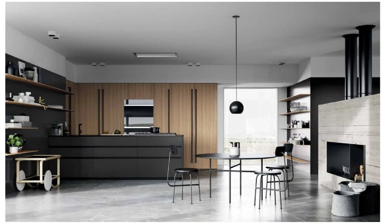 Cucina Design con penisola MK1 06 in Alluminio Ferro naturale, Rovere e top in Dekton nero di Nova Cucina