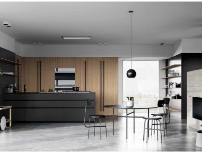 Cucina Design con penisola MK1 06 in Alluminio Ferro naturale, Rovere e top in Dekton nero di Nova Cucina