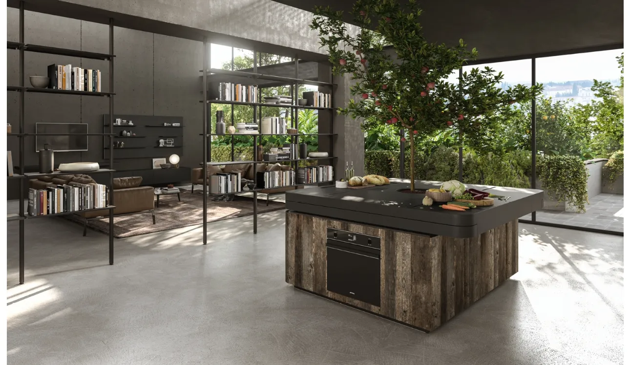 Cucina Design a isola di forma quadrata con albero centrale Oasi in Rovere ossidato di Aran