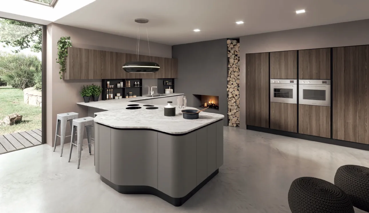 Cucina Design con penisola Penelope in HPL Grigio e HPL Noce con top in marmo di Carrara spazzolat