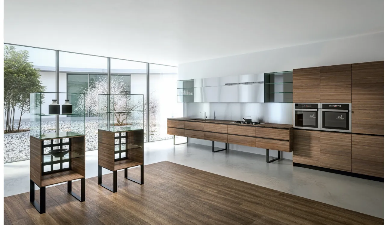 Cucina Design lineare Sipario in Noce Canaletto chiaro con venatura orizzontale di Aran