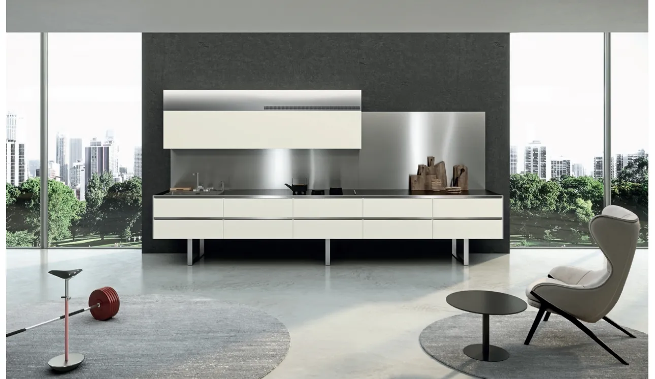 Cucina Design lineare Sipario in Fenix Bianco Kos e Acciaio inox di Aran