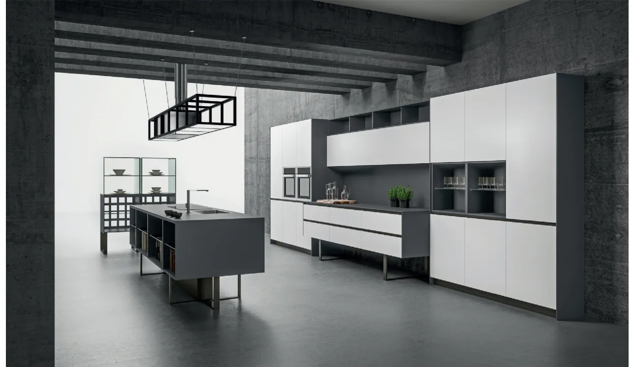 Cucina Design Sipario con isola in Fenix Grigio Bromo e Bianco Alaska di Aran