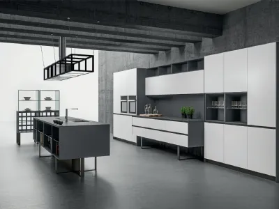 Cucina Design Sipario con isola in Fenix Grigio Bromo e Bianco Alaska di Aran