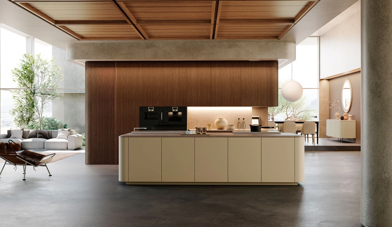 Cucina Design con isola Sistema 2-2_10 in rovere camoscio e laccato opaco di Nova Cucina