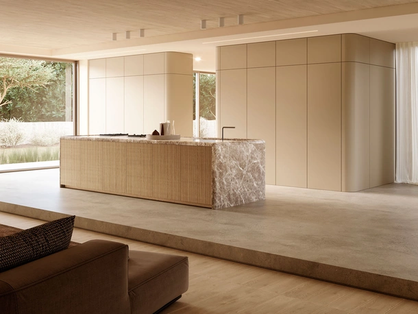 Cucina Design con isola Sistema 2-2_16 in laccato opaco e rovere light di Nova Cucina