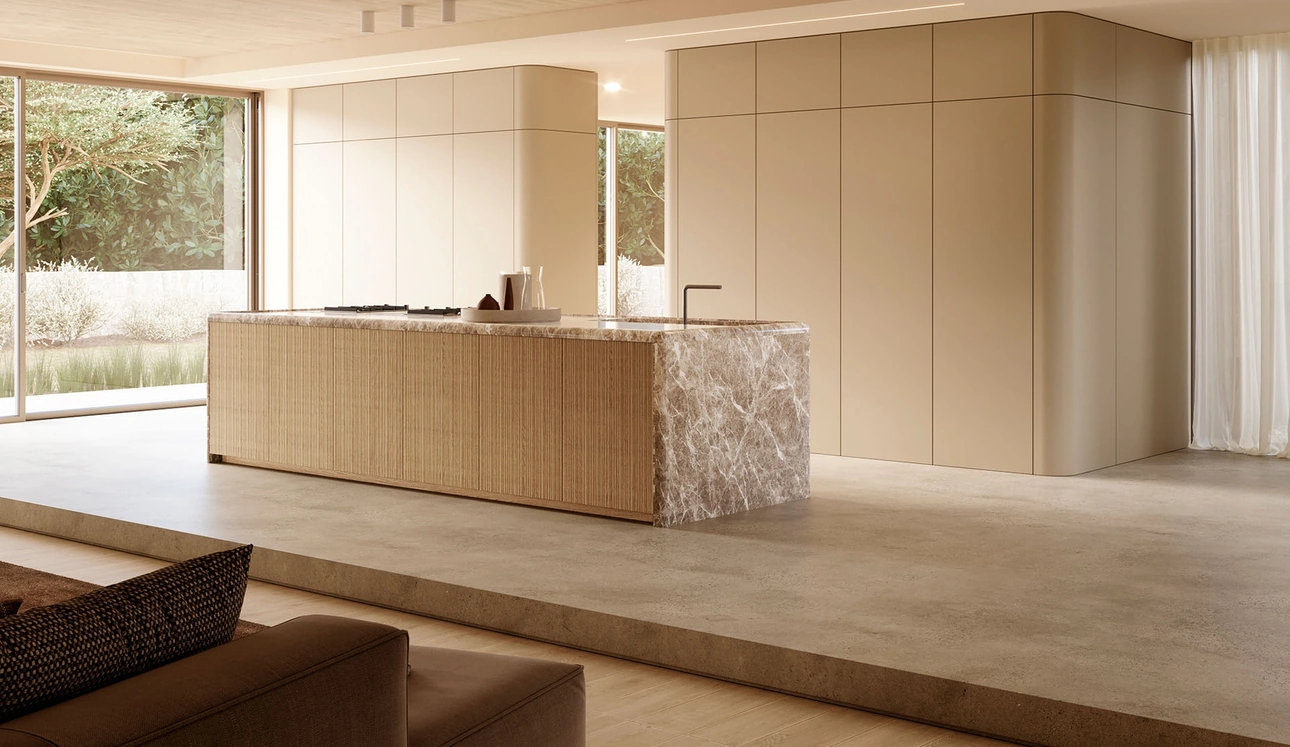 Cucina Design con isola Sistema 2-2_16 in laccato opaco e rovere light di Nova Cucina