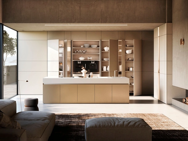 Cucina Design con isola Sistema 2-2_2 in laminato cemento e laccato di Nova Cucina