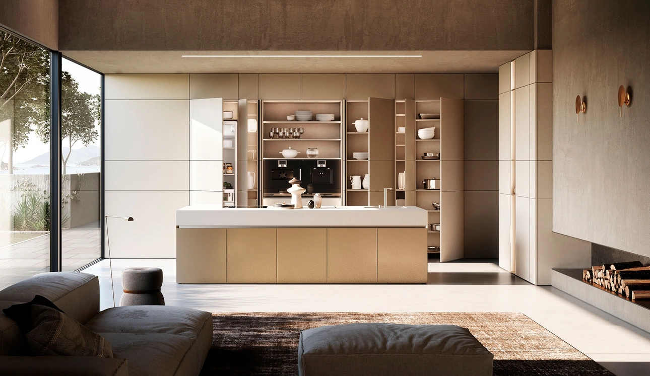 Cucina Design con isola Sistema 2-2_2 in laminato cemento e laccato di Nova Cucina
