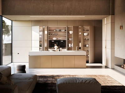 Cucina Design con isola Sistema 2-2_2 in laminato cemento e laccato di Nova Cucina