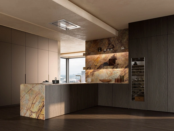 Cucina Design con penisola Sistema 2-2_20 in impiallacciato olmo grigio di Nova Cucina