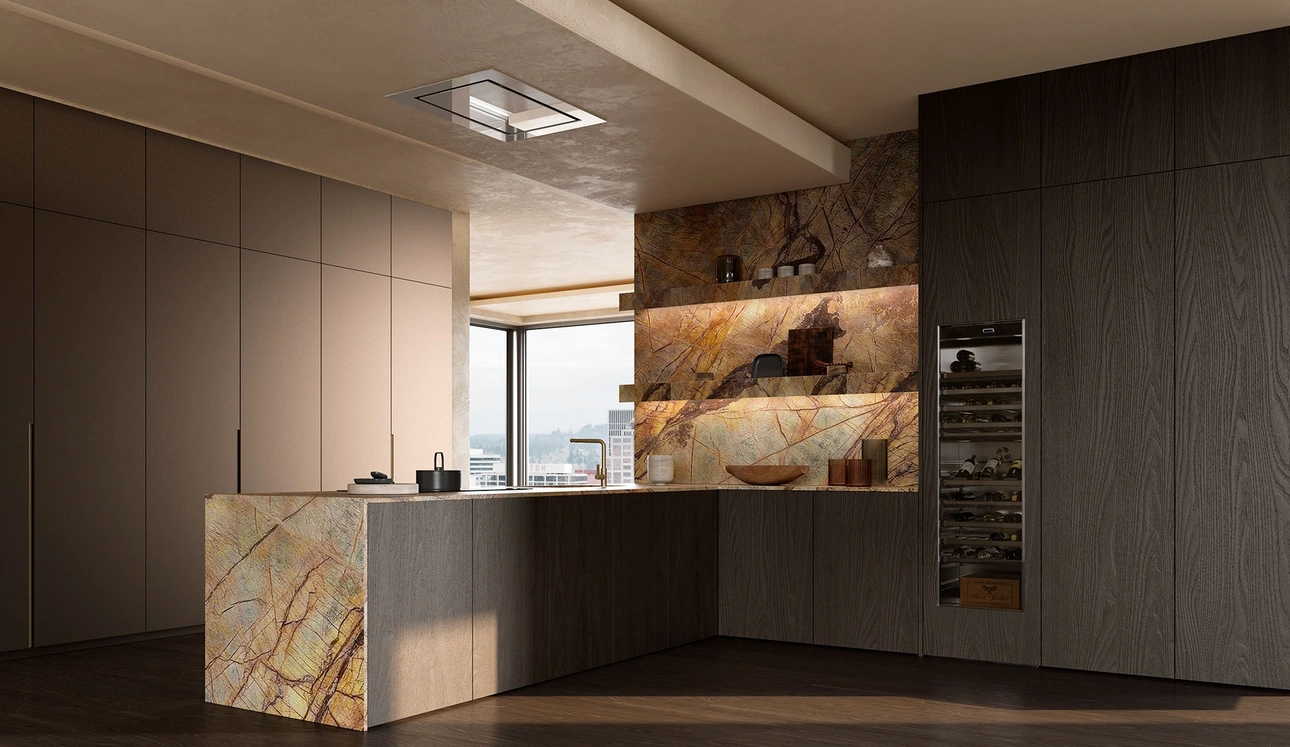 Cucina Design con penisola Sistema 2-2_20 in impiallacciato olmo grigio di Nova Cucina