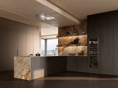 Cucina Design con penisola Sistema 2-2_20 in impiallacciato olmo grigio di Nova Cucina