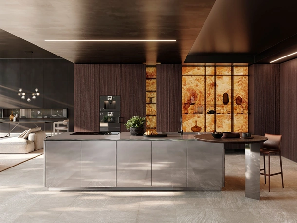 Cucina Design con isola Sistema 2-2_3 in impiallacciato rovere brown e acciaio satinato di Nova Cucina