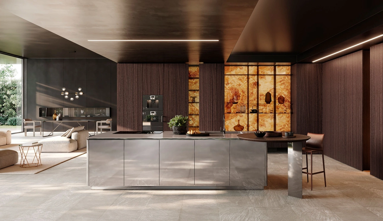 Cucina Design con isola Sistema 2-2_3 in impiallacciato rovere brown e acciaio satinato di Nova Cucina