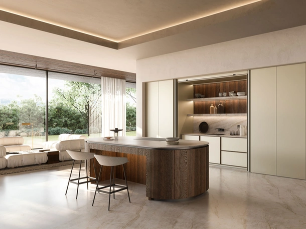 Cucina Design Sistema 2-2_7 in laccato opaco e impiallacciato rovere di Nova Cucina