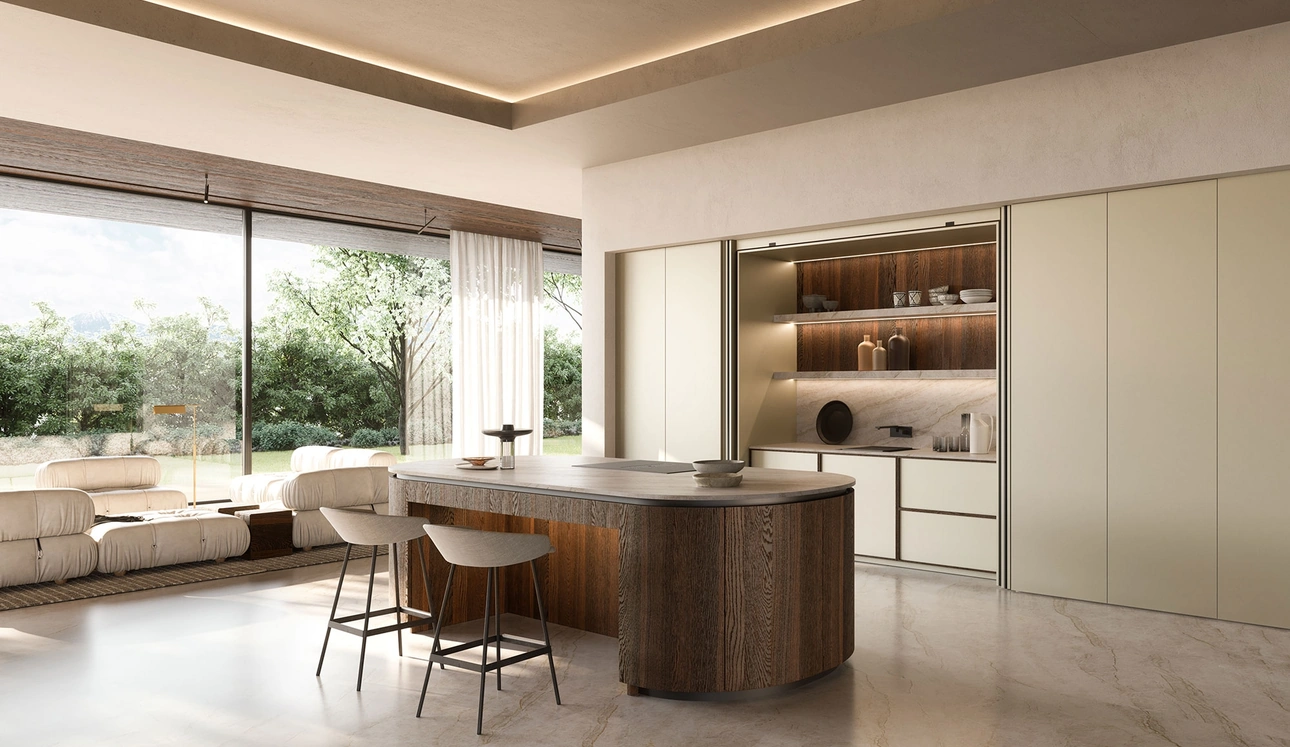 Cucina Design Sistema 2-2_7 in laccato opaco e impiallacciato rovere di Nova Cucina