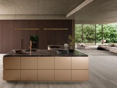 Cucina Design con isola angolare Sistema 2-2_9 in rovere brown e lamitec gold di Nova Cucina