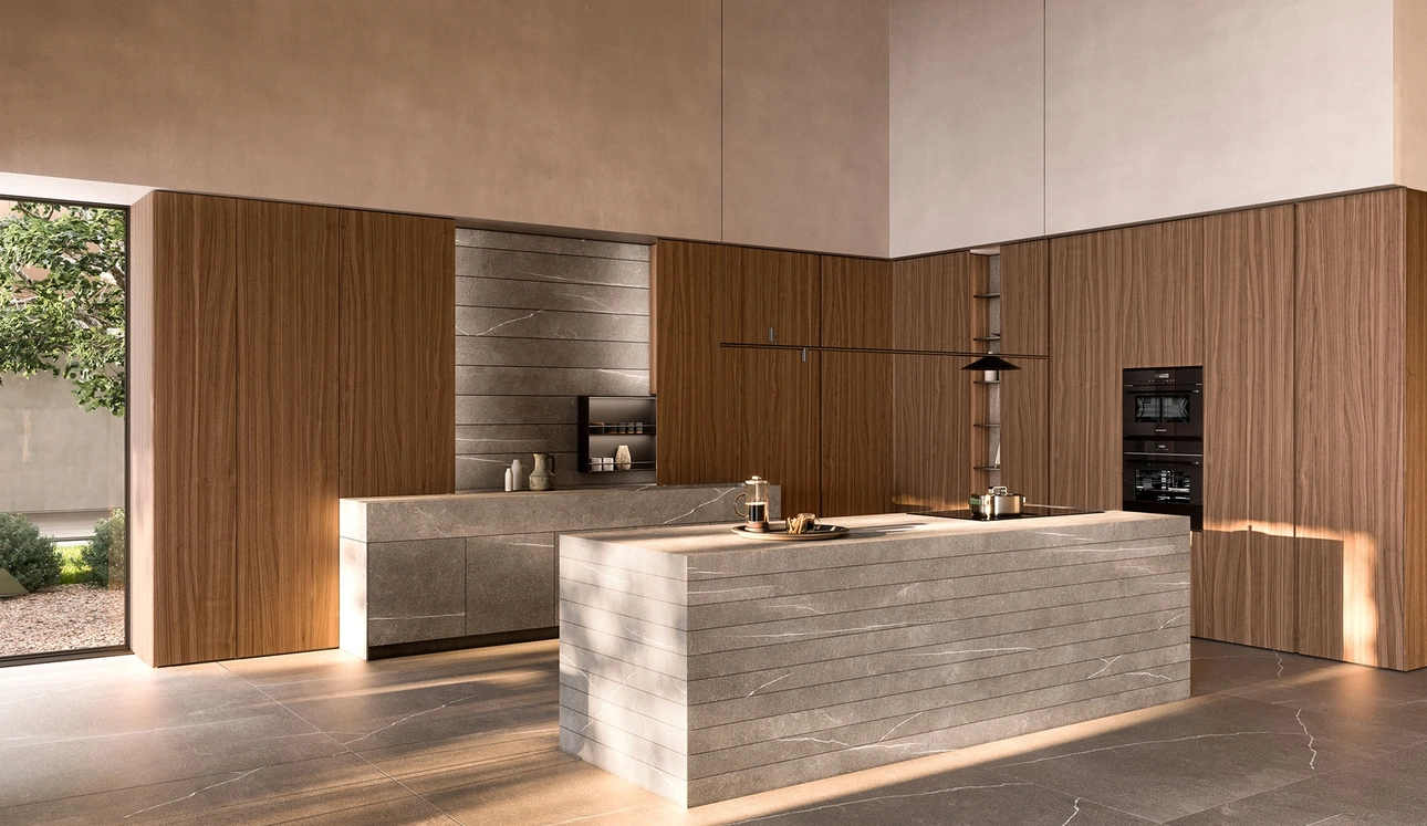 Cucina Design con isola Sistema 2-2 Fly_11 in gres pietra piasentina e impiallacciato noce di Nova Cucina