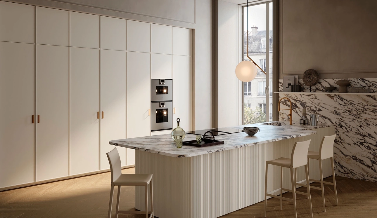 Cucina Design con penisola Sistema 2-2 Line_19 in laccato opaco di Nova Cucina