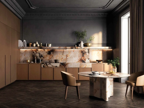 Cucina Design Sistema 2-2 Planet_18 in rovere camoscio e marmo di Nova Cucina