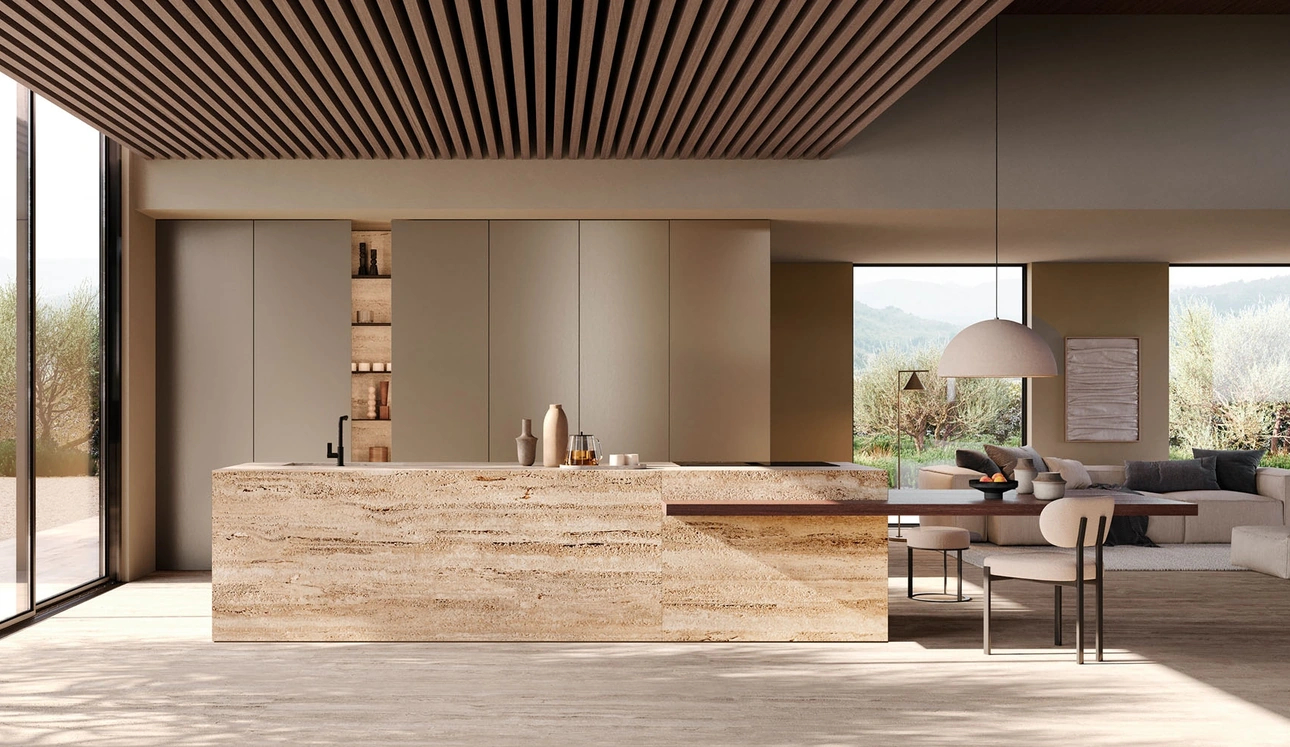 Cucina Design Sistema MK1_8 in laccato satinato e marmo travertino di Nova Cucina
