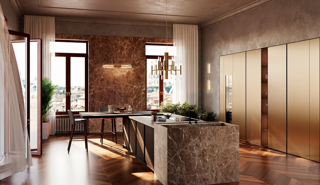 Cucina Design con isola Sistema Planet_6 in laccato satinato oro e rovere brown di Nova Cucina
