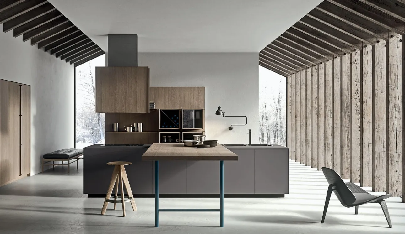 Cucina Design in laccato satinato e legno di rovere con penisola Sistemi 3|1|A di Copat Life