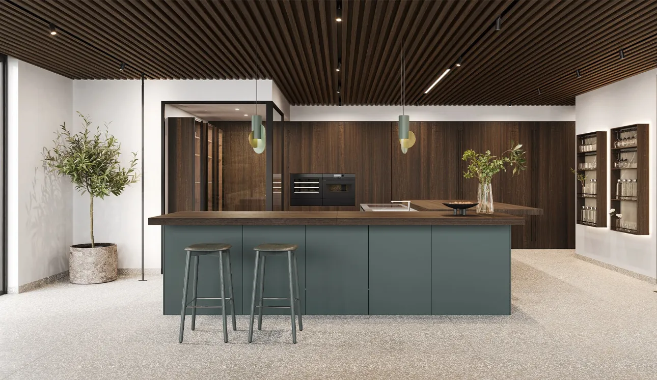 Cucina Design con isola in legno di eucalipto e laminato Fenix Sistemi 3|1|F22 di Copat Life