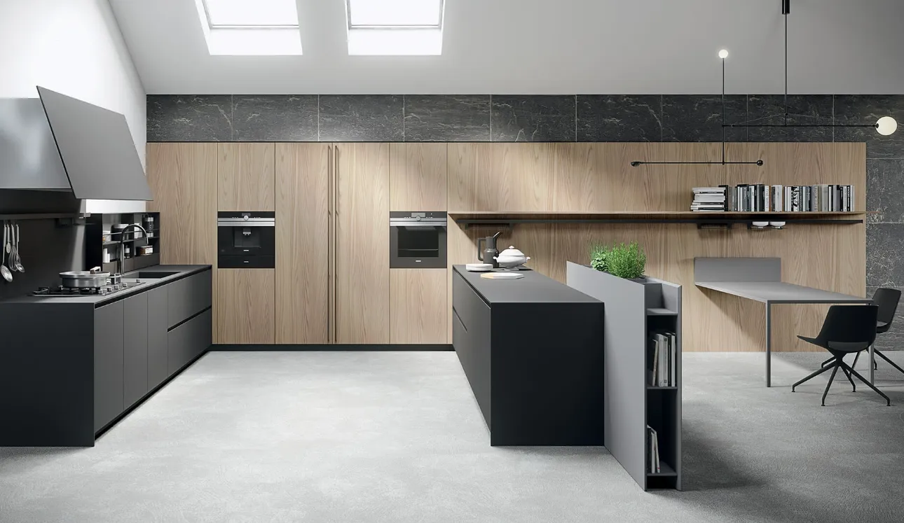 Cucina Design angolare in fenix nero con blocco colonne in finitura olmo Sistemi 3|1|M di Copat Life