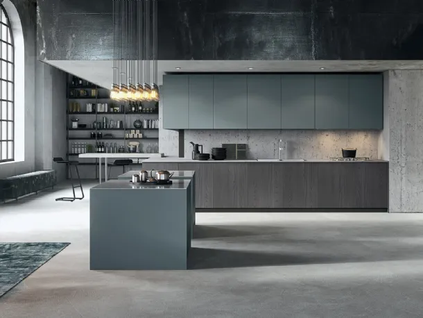 Cucina Design lineare in finitura olmo e laccato opaco con top in acciaio Sistemi 3|1|O di Copat Life