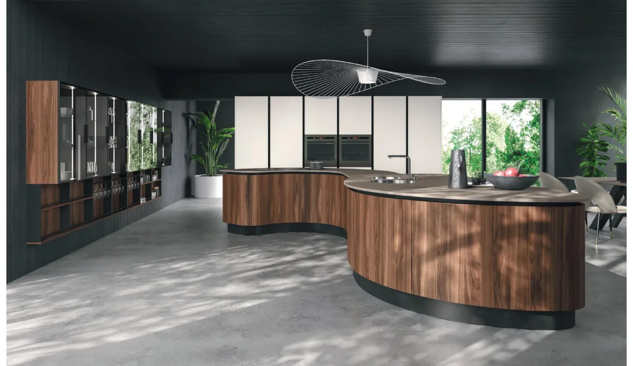 Cucina Design Volare con isola centrale dalle forme curvilinee in Legno di Aran