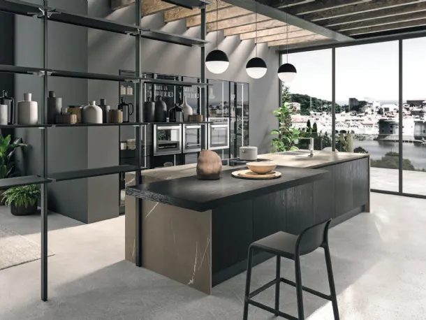 Cucina Design lineare Volare in Rovere Moka e laminato di Aran