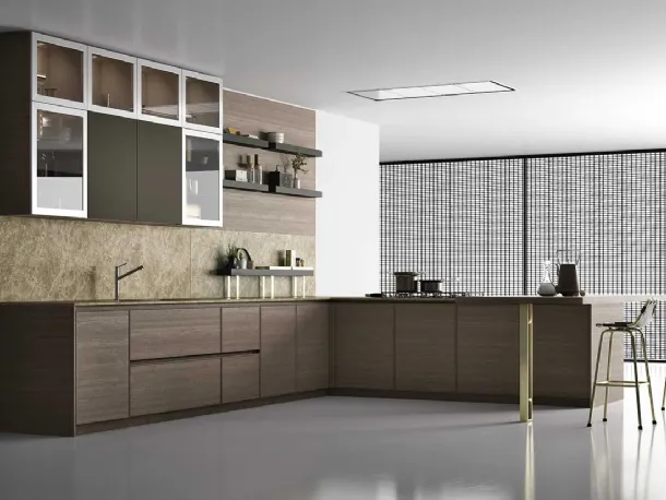 Cucina Moderna angolare in rovere con penisola con particolari in ottone D23 001 di Doimo Cucine